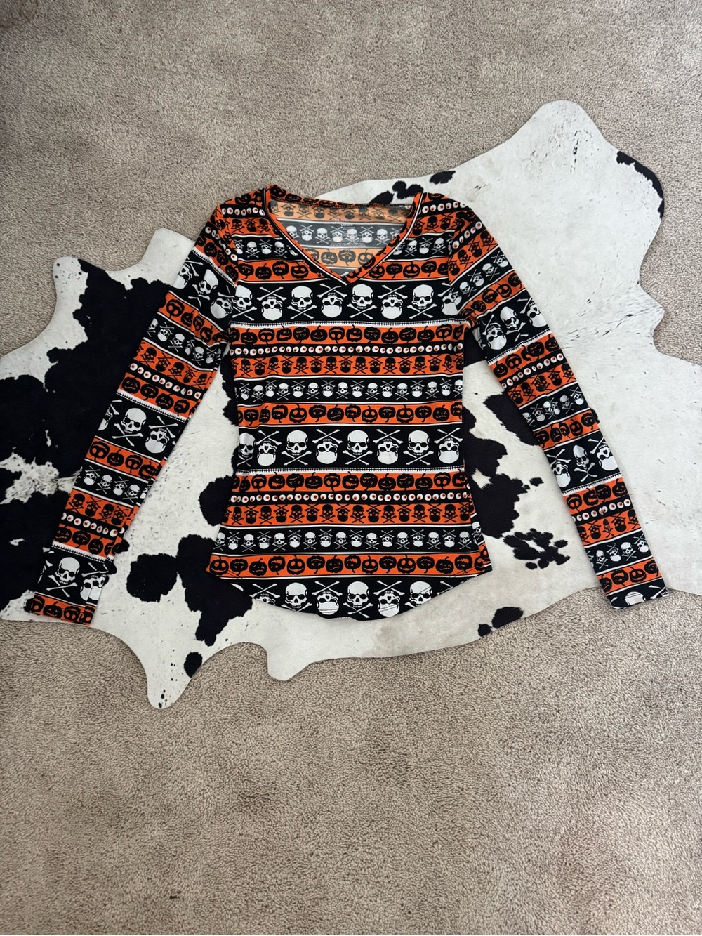 No Boundaries Halloween Skull & Pumpkin Long-Sleeve Tee - Orange & Black